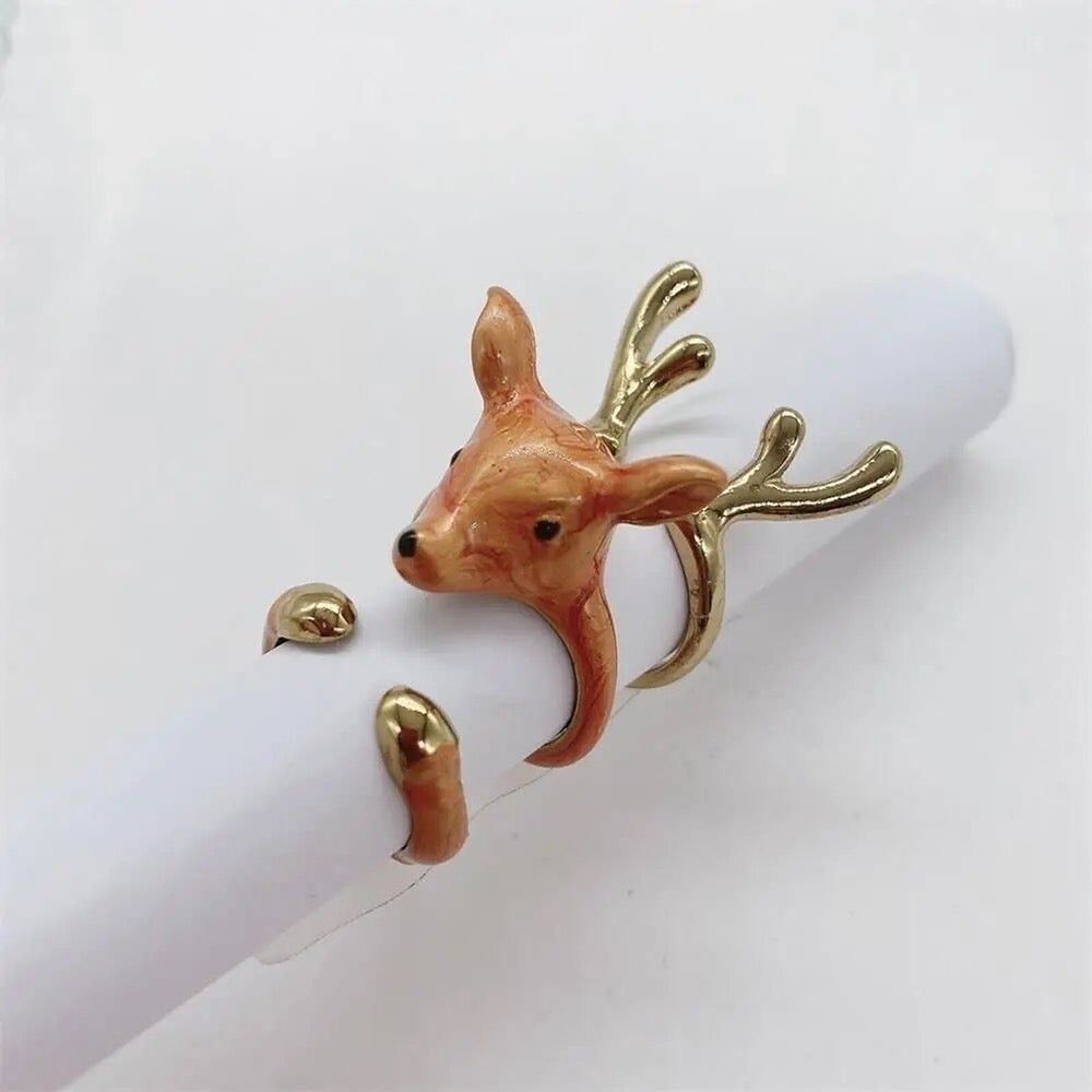 Reindeer Deer Ring Enamel gold plated In three parts 3-D